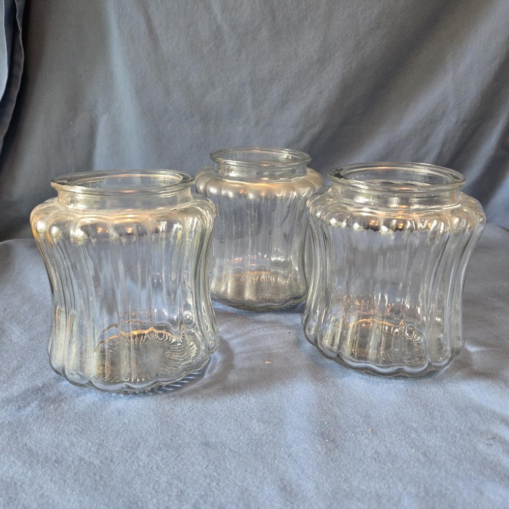 Lot Of 3 Vintage Clear Glass Ribbed Porch Hall Utility Kitchen Light Cover Decor